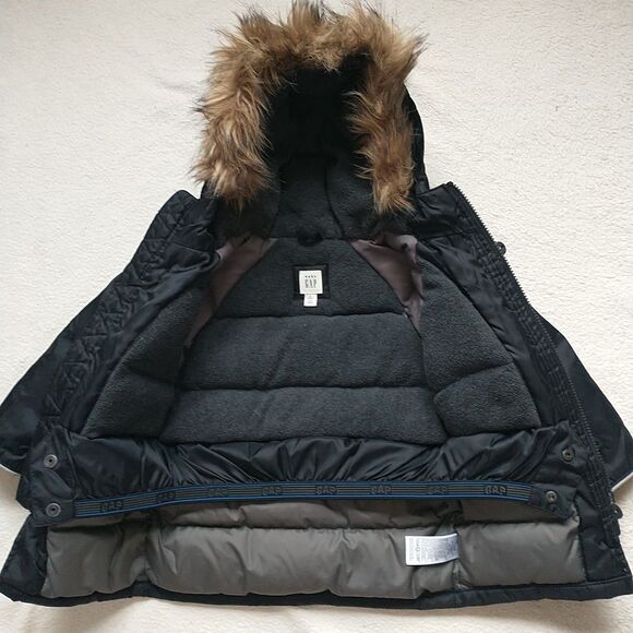 Baby Gap Parka Jacket Coat Toddler 3 Black Down Faux Fur Hooded Zip Buttons - Picture 6 of 11